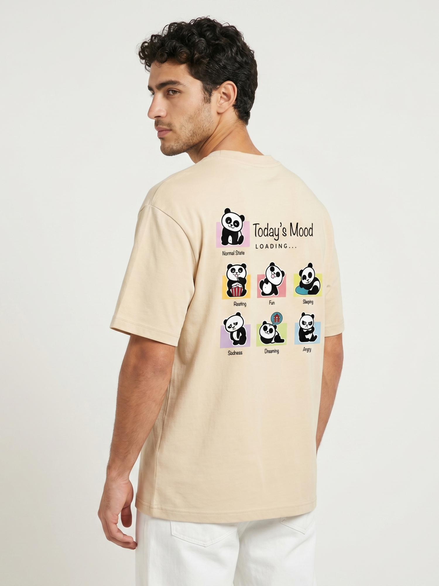 Panda Mood Back Print Cream Oversized T-Shirt | Premium 220 GSM Cotton Lycra