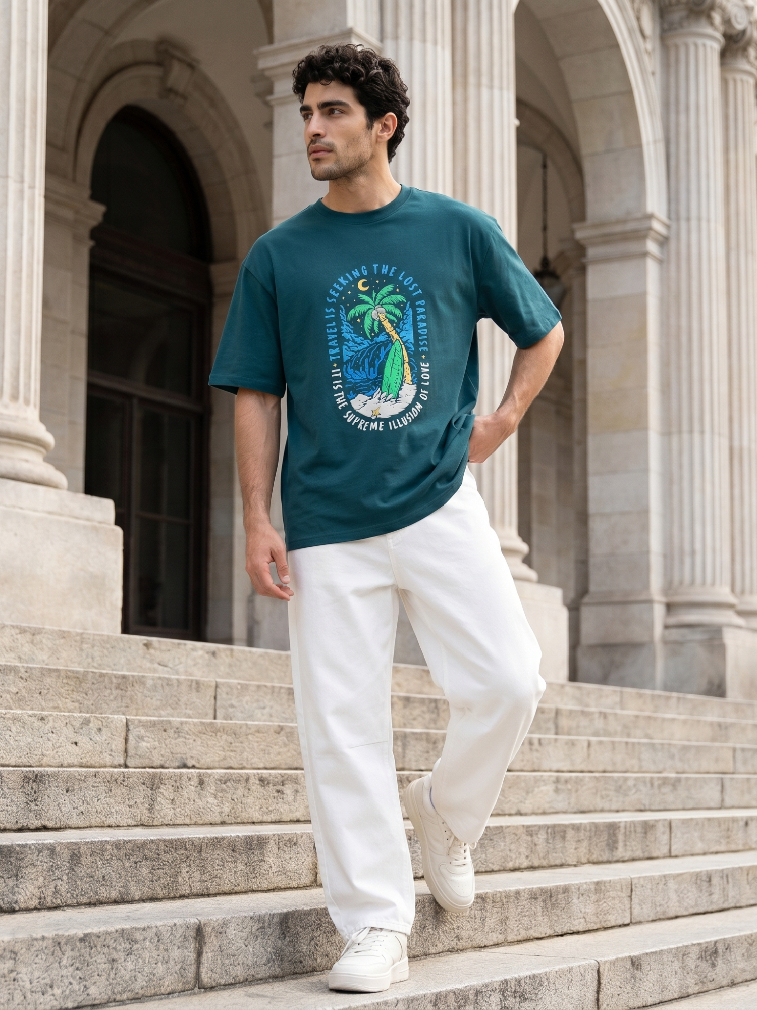 Paradise Graphic Green Oversized T-Shirt | Premium 220 GSM Cotton Lycra