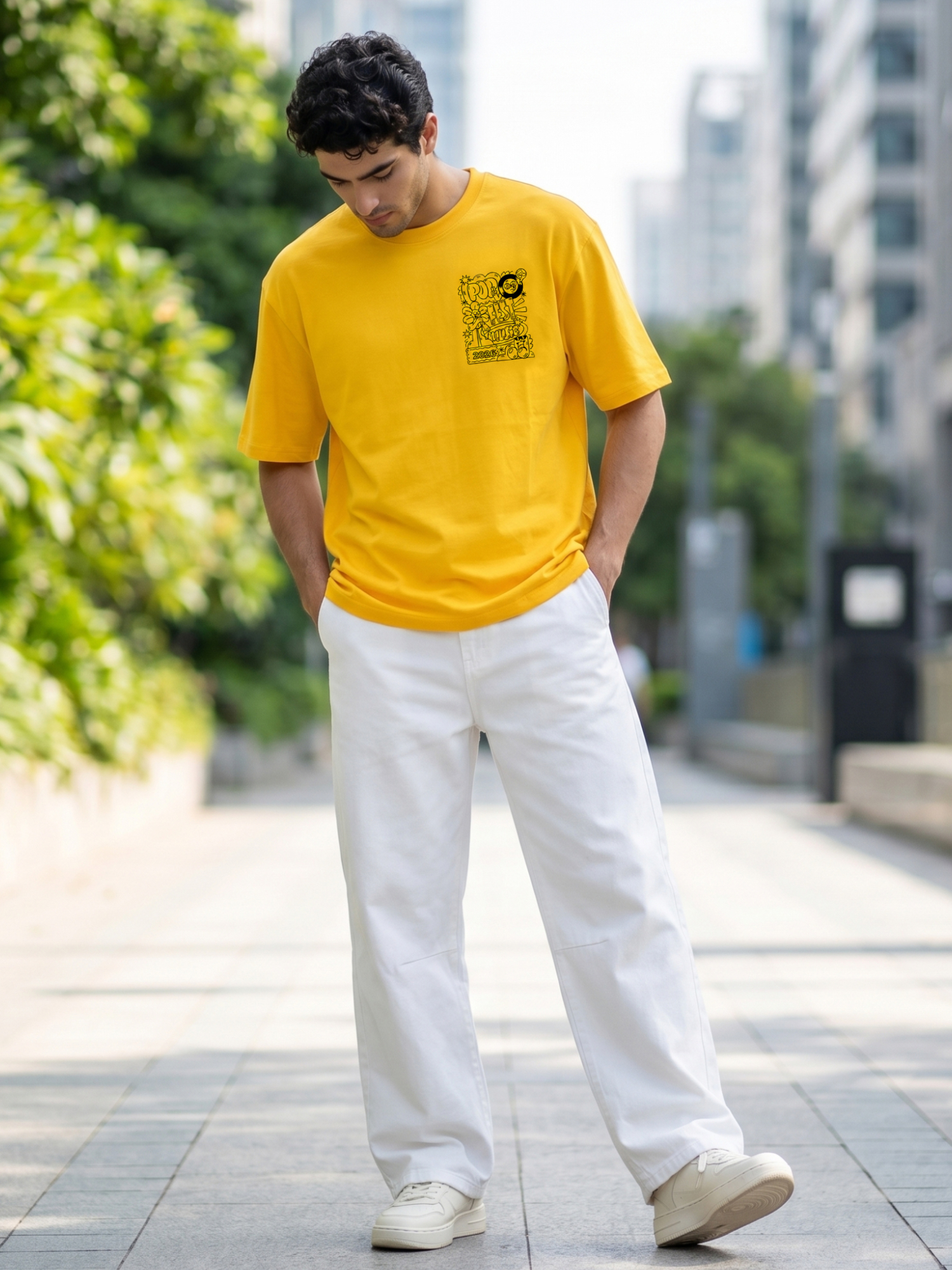 Second image of Music Fest Graphic Back Print Yellow Oversized T-Shirt | Premium 220 GSM Cotton Lycra