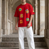 Funky Cartoon Graphic Red Oversized T-Shirt | Premium 220 GSM Cotton Lycra