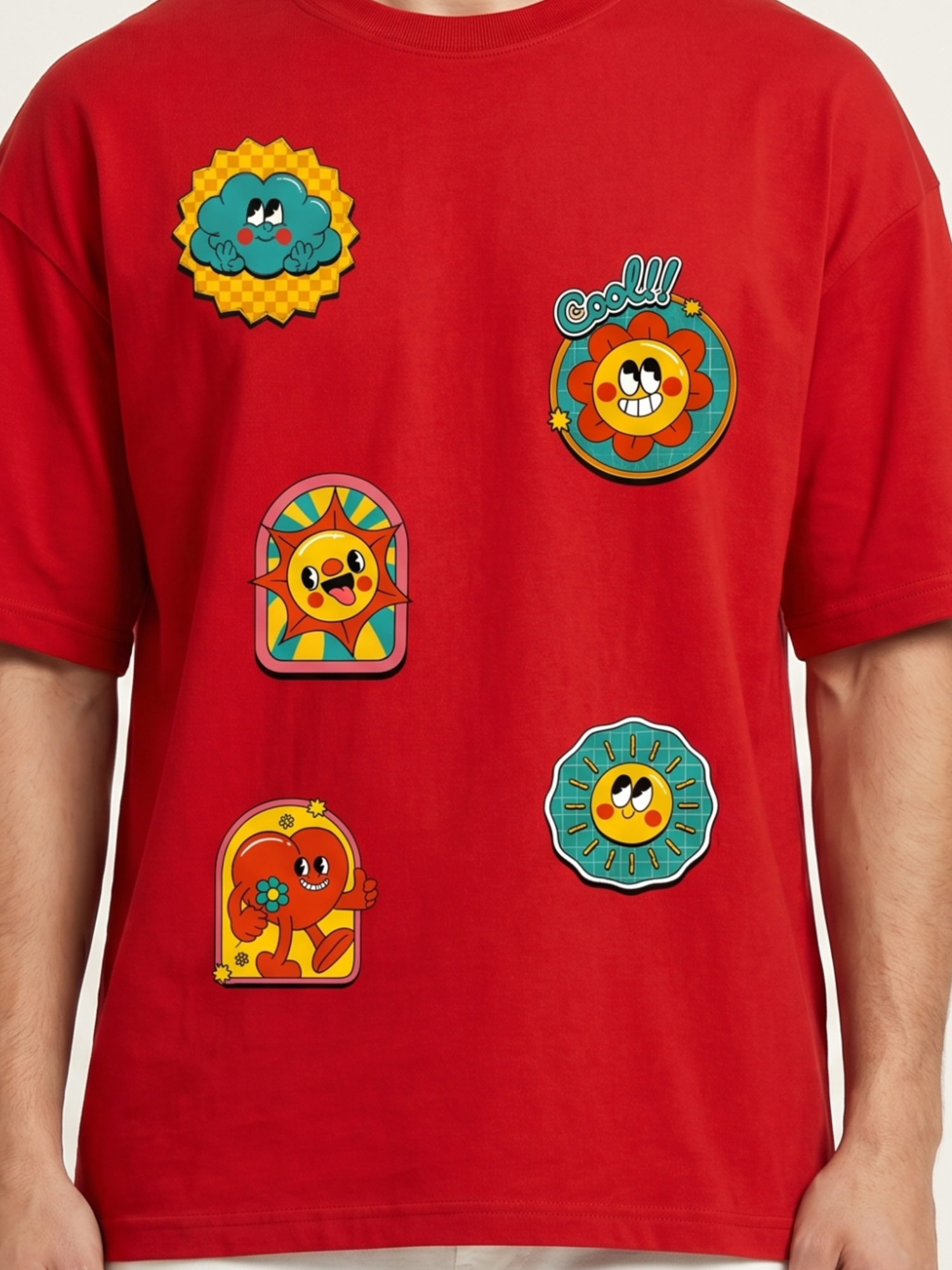 Second image of Funky Cartoon Graphic Red Oversized T-Shirt | Premium 220 GSM Cotton Lycra