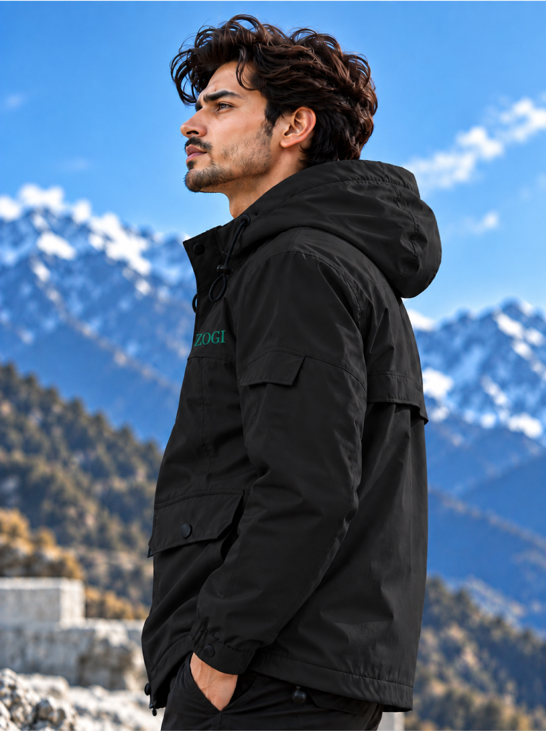 Second image of Premium Crush Terry Black Windcheater for Winter Travel & Outdoor